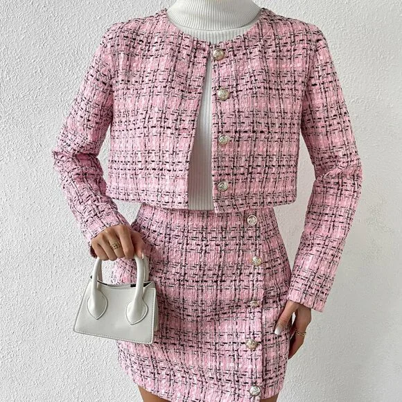 Pink Elegant Women's Plaid Button Front Crop Jacket & Skirt - Picture 5 of 6